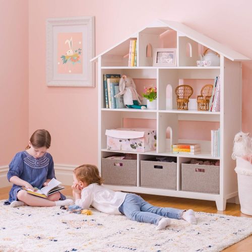  Martha Stewart Living and Learning Kids Dollhouse Bookcase - Creamy White: Wooden Organizer Shelves with Storage Bins for Books, Dolls, Toys, School Supplies ? Bookshelf for Bedroo