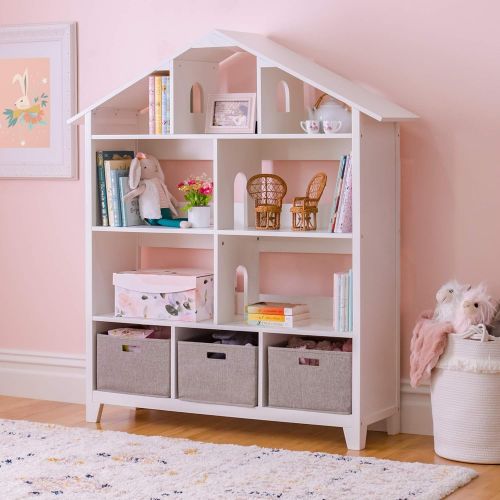  Martha Stewart Living and Learning Kids Dollhouse Bookcase - Creamy White: Wooden Organizer Shelves with Storage Bins for Books, Dolls, Toys, School Supplies ? Bookshelf for Bedroo