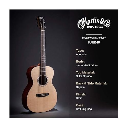  Martin Guitar 000Jr-10 Junior Acoustic Guitar with Gig Bag, Sitka Spruce Construction, Satin Finish, 000 Junior-14 Fret, and Junior Neck Shape