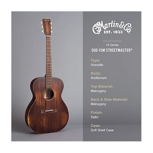  Martin Guitar 000-15M StreetMaster with Gig Bag, Acoustic Guitar for the Working Musician, Mahogany Construction, Distressed Satin Finish, 000-14 Fret, and Low Oval Neck Shape