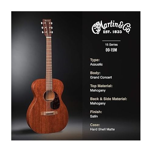  Martin Guitar 00-15M with Gig Bag, Acoustic Guitar for the Working Musician, Mahogany Construction, Satin Finish, 00-14 Fret, and Low Oval Neck Shape