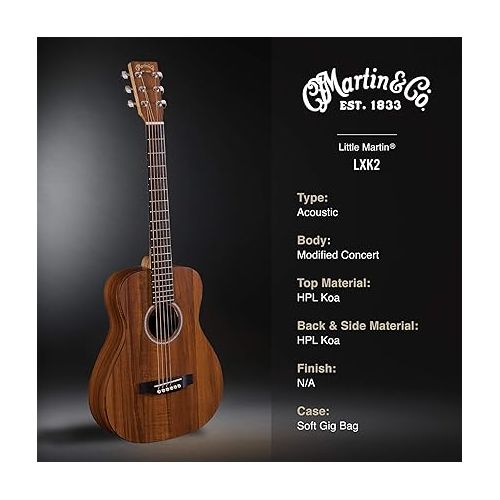  Little Martin LXK2 Acoustic Guitar with Gig Bag, Koa and Sitka Spruce HPL Construction, Modified 0-14 Fret, Modified Low Oval Neck Shape