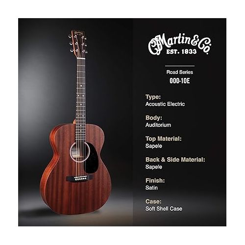  Martin Guitar Road Series 000-10E Acoustic-Electric Guitar with Gig Bag, Sapele Wood Construction, 000-14 Fret and Performing Artist Neck Shape with High-Performance Taper