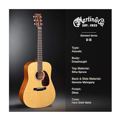  Martin Guitar Standard Series Acoustic Guitars, Hand-Built Martin Guitars with Authentic Wood D-18 Natural