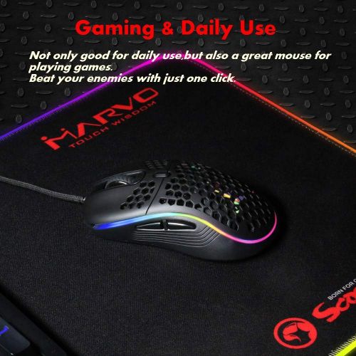  MARVO PC USB Wired Gaming Mouse-Lightweight Honeycomb Shell w/ Multicolored Backlit-Ultralight Weave Cable (Black)