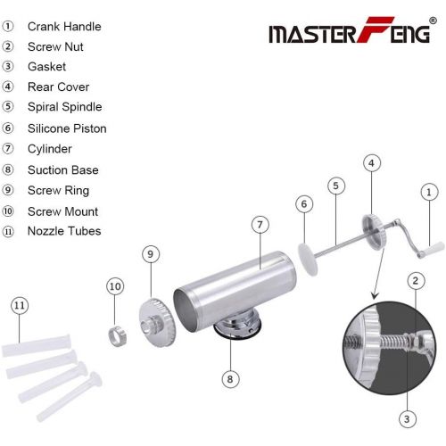  [아마존베스트]MASTER FENG Sausage Filler, Horizontal Kitchen Aluminium Sausage Filling Machine with Suction Base Packed 4 Size Professional Filling Nozzles for Homemade Sausages