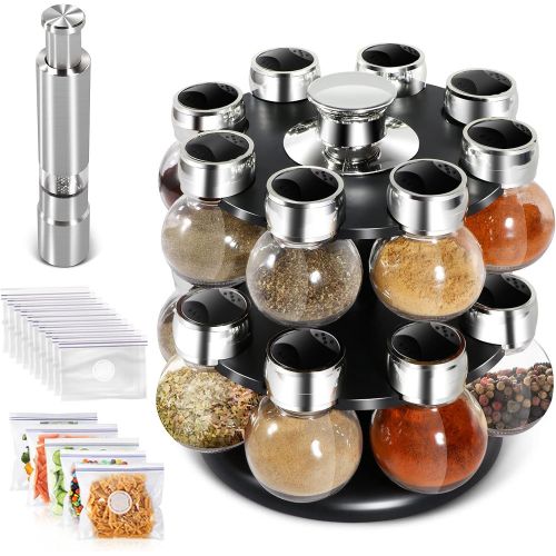  MASTERTOP 16 Jar Kitchen Revolving Spice Rack Organizer, 2 Tier Spinning Countertop Herb, Spices, Seasoning Organizer, Salt & Pepper Grinders, 3 Oz Glass Jars Orbit, NO SPICE