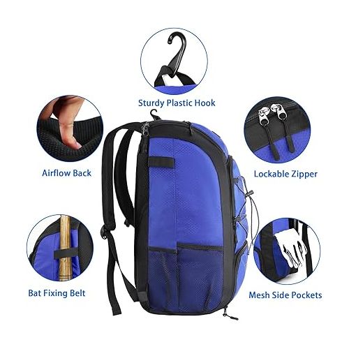  MATEIN Baseball Backpack, Softball Bat Bag with Shoes Compartment for Youth, Boys and Adult, Lightweight Baseball Bag with Fence Hook Hold TBall Bat, Batting Mitten, Helmet, Caps, Teeball Gear