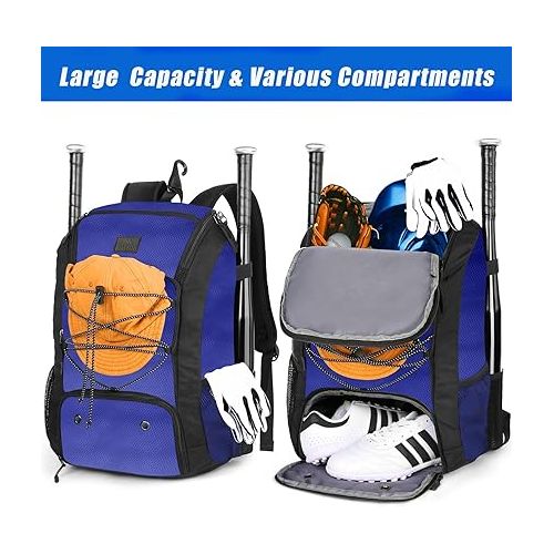  MATEIN Baseball Backpack, Softball Bat Bag with Shoes Compartment for Youth, Boys and Adult, Lightweight Baseball Bag with Fence Hook Hold TBall Bat, Batting Mitten, Helmet, Caps, Teeball Gear