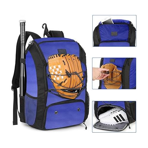  MATEIN Baseball Backpack, Softball Bat Bag with Shoes Compartment for Youth, Boys and Adult, Lightweight Baseball Bag with Fence Hook Hold TBall Bat, Batting Mitten, Helmet, Caps, Teeball Gear