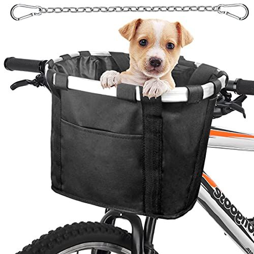  MATTISAM Bike Basket, Pet Cat Dog Carrier with Seat Belt and Phone Pouch - Quick Release Folding Bicycle Basket, Front Handlebar Bag, Removable Cycling Bag, Made of Water-Resistant