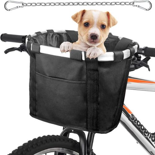  MATTISAM Bike Basket, Pet Cat Dog Carrier with Seat Belt and Phone Pouch - Quick Release Folding Bicycle Basket, Front Handlebar Bag, Removable Cycling Bag, Made of Water-Resistant