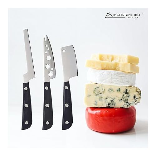  Cheese Knife, MATTSTONE HILL Cheese Knife Set - Soft & Semi Hard Cheese Knife, Soft Cheese Knife, Cheese Cleaver, Premium Stainless Steel, Black Handle