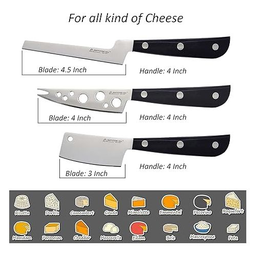  Cheese Knife, MATTSTONE HILL Cheese Knife Set - Soft & Semi Hard Cheese Knife, Soft Cheese Knife, Cheese Cleaver, Premium Stainless Steel, Black Handle