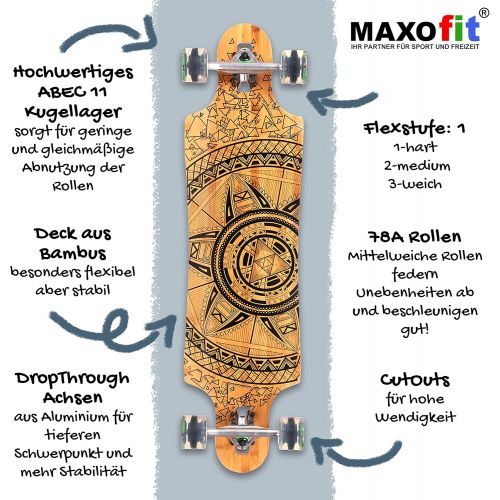  MAXOfit IHR PARTNER FUER SPORT UND FREIZEIT MAXOfit Deluxe Longboard GeoLines Bamboo No.96, Drop Through, 96,5 cm, 4 Schichten, ABEC11