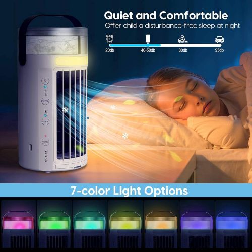  Portable Air Conditioner Fan, MAXROCK Portable AC Personal Mini Air Cooler 3 Speed Super Quiet Desk Air Cooling Fan 7 Colors LED Light for Personal Use Small Room