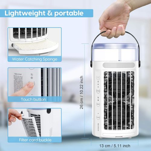  Portable Air Conditioner Fan, MAXROCK Portable AC Personal Mini Air Cooler 3 Speed Super Quiet Desk Air Cooling Fan 7 Colors LED Light for Personal Use Small Room