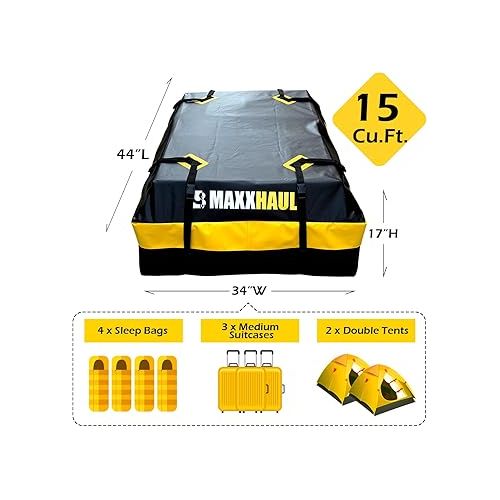  MaxxHaul 50719 Universal Car Rooftop Cargo Bag for All Vehicles with or Without Rack, 15 Cubic feet, Waterproof