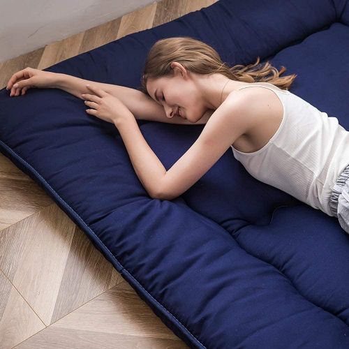  MAXYOYO Japanese Floor Mattress Futon Mattress, Thicken Tatami Mat Sleeping Pad Foldable Roll Up Mattress Boys Girls Dormitory Mattress Pad Kids Floor Lounger Pillow Bed, Navy, Twin Size