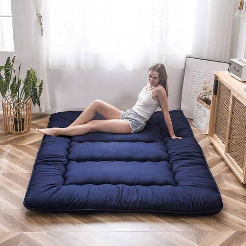  MAXYOYO Japanese Floor Mattress Futon Mattress, Thicken Tatami Mat Sleeping Pad Foldable Roll Up Mattress Boys Girls Dormitory Mattress Pad Kids Floor Lounger Pillow Bed, Navy, Twin Size