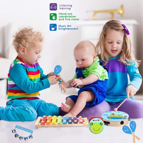  [아마존베스트]MAXZONE Kids Musical Instruments Sets, 12pcs Wooden Percussion Instruments Toys Tambourine Xylophone for Kids Playing Preschool Education, Early Learning Musical Toys for Boys and Girls Gi