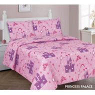 MB Home Linen MB Collection Princess Palace Castle Pink Purple 3 Piece Printed Twin Sheet Set with Pillowcase Flat Fitted Sheet for Girls/Kids/Teens # Twin Sheet