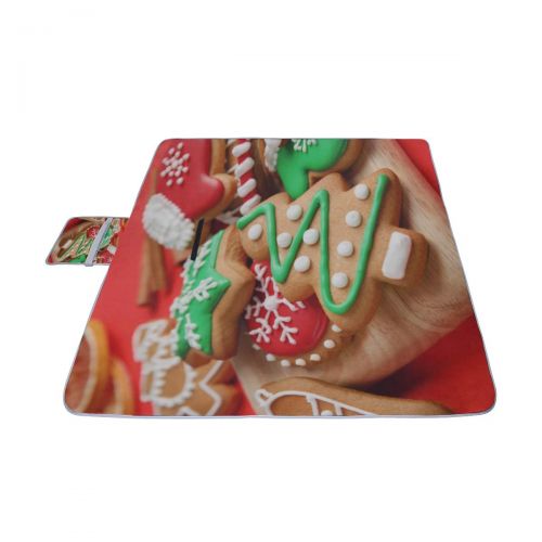  MBVFD Set of Cute Gingerbread Cookie Picnic Mat 57（144cm） x59 (150cm Picnic Blanket Beach Mat with Waterproof for Kids Picnic Beaches and Outdoor Folded Bag