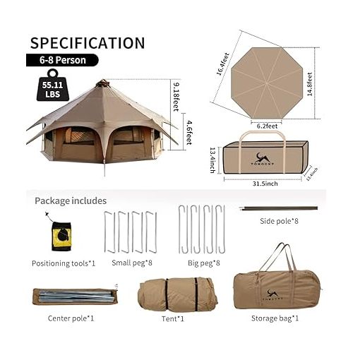  MC TOMOUNT Canvas Tent Bell Tent 16.4ft*High9.2ft with Stove Jack for Glamping Family Camping Zipped Removable Floor