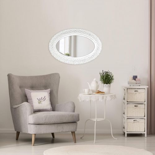  MCS Scalloped Province Oval Wall Mirror, 19x28 Inch Overall Size, Antique White