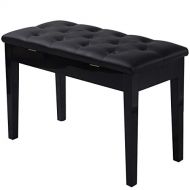 Piano Bench Double Duet Black Ebony Wood Leather Padded Keyboard Concert Stool MD Group
