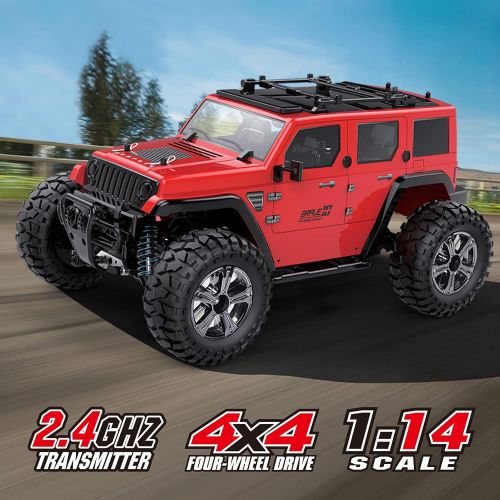  MDGZY RC Cars 4WD RC Rock Racer Off-Road Electric car，2.4Ghz Radio Remote Control Car, 1/14 Scale RTR Hobby Grade Cross 25KM/H Remote Control Truck High Speed Racing Monster, Red