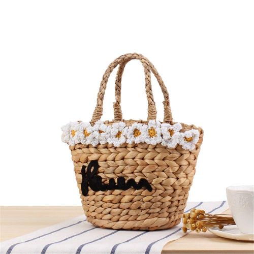  MDYYD Straw Beach Bag Women Weave Handbags Flower Small Daisy Summer Holiday Beach Tote Woven Handle Bag Handbags Shoulder Bag Tote, (Color : Khaki, Size : 2216cm)