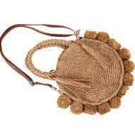 MDYYD Straw Beach Bag Women Weave Handbags Round Pompom Summer Holiday Beach Tote Woven Handle Bag Handbags Shoulder Bag Tote, (Color : Khaki, Size : Diameter 24cm)