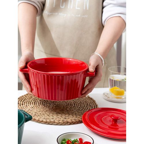  MDZF SWEET HOME Ceramic Baking Bowl for Oven Roasting Lasagna Pan Round Casserole Dish Noodle Bowl Bakeware with Handle and Lid 37 Oz, Red
