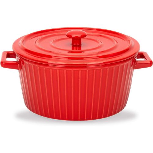  MDZF SWEET HOME Ceramic Baking Bowl for Oven Roasting Lasagna Pan Round Casserole Dish Noodle Bowl Bakeware with Handle and Lid 37 Oz, Red