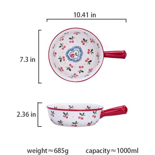  MDZF SWEET HOME Ceramic Baking Bowl with Handle French Onion Soup Bowl Roasting Lasagna Pan Round Bakeware Suitable for Oven, Cherry