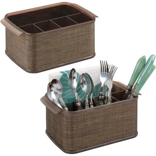  mDesign Plastic Cutlery Storage Organizer Caddy Tote Bin with Handles for Kitchen Cabinet or Pantry - Holds Forks, Knives, Spoons, Napkins - Indoor or Outdoor Use - Woven Accent, 2