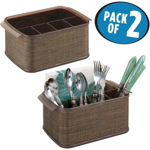  mDesign Plastic Cutlery Storage Organizer Caddy Tote Bin with Handles for Kitchen Cabinet or Pantry - Holds Forks, Knives, Spoons, Napkins - Indoor or Outdoor Use - Woven Accent, 2