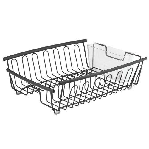  MDesign mDesign Large Kitchen Countertop, Sink Dish Drying Rack with Removable Cutlery Tray - Drain and Dry Wine Glasses, Bowls and Dishes - 2 Pieces - Matte Black Metal Wire/Clear BPA Fre