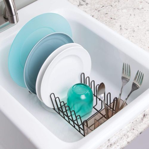  MDesign mDesign Compact Modern Metal Dish Drying Rack and Microfiber Mat Set for Kitchen Countertop, Sink - Drain and Dry Wine Glasses, Bowls and Dishes - Removable Cutlery Tray - Set of 2