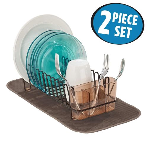  MDesign mDesign Compact Modern Metal Dish Drying Rack and Microfiber Mat Set for Kitchen Countertop, Sink - Drain and Dry Wine Glasses, Bowls and Dishes - Removable Cutlery Tray - Set of 2