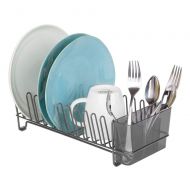 MDesign mDesign Compact Modern Kitchen Countertop, Sink Dish Drying Rack, Removable Cutlery Tray - Drain and Dry Wine Glasses, Bowls and Dishes - Metal Wire Drainer in Graphite Gray with S