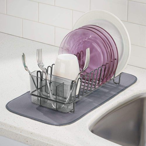  MDesign mDesign Compact Modern Kitchen Countertop, Sink Dish Drying Rack, Removable Cutlery Tray - Drain and Dry Wine Glasses, Bowls and Dishes - Metal Wire Drainer in Graphite Gray with S