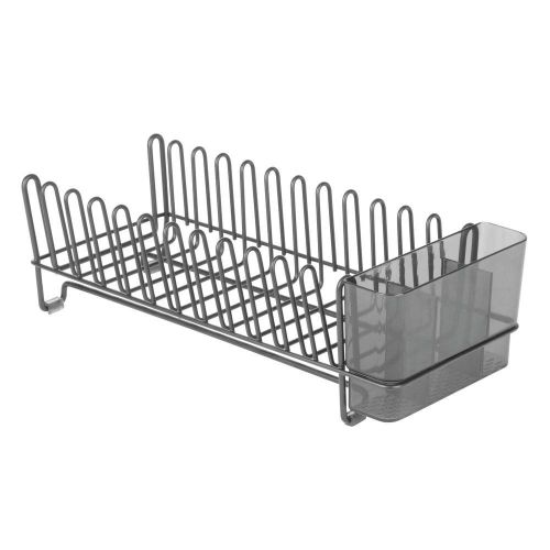  MDesign mDesign Compact Modern Kitchen Countertop, Sink Dish Drying Rack, Removable Cutlery Tray - Drain and Dry Wine Glasses, Bowls and Dishes - Metal Wire Drainer in Graphite Gray with S