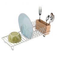 MDesign mDesign Compact Modern Kitchen Countertop, Sink Dish Drying Rack, Removable Cutlery Tray - Drain and Dry Wine Glasses, Bowls and Dishes - Metal Wire Drainer in Satin with Natural B