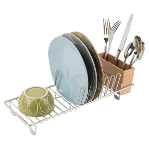 MDesign mDesign Compact Modern Kitchen Countertop, Sink Dish Drying Rack, Removable Cutlery Tray - Drain and Dry Wine Glasses, Bowls and Dishes - Metal Wire Drainer in Satin with Natural B