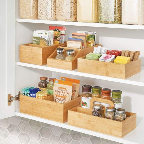  MDesign mDesign Bamboo Wood Compact Food Storage Organizer Bin Box - 4 Divided Sections - Holder for Seasoning Packets, Pouches, Soups, Spices, Snacks - Natural