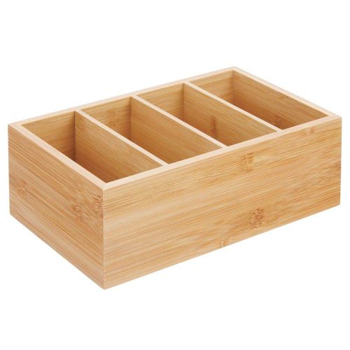  MDesign mDesign Bamboo Wood Compact Food Storage Organizer Bin Box - 4 Divided Sections - Holder for Seasoning Packets, Pouches, Soups, Spices, Snacks - Natural