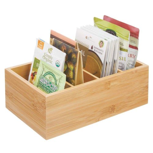  MDesign mDesign Bamboo Wood Compact Food Storage Organizer Bin Box - 4 Divided Sections - Holder for Seasoning Packets, Pouches, Soups, Spices, Snacks - Natural