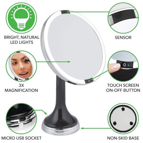  MDesign mDesign Modern Motion Sensor LED Lighted Makeup Bathroom Vanity Mirror, Large 8 Round, 3X Magnification, Hands-Free, Rechargeable and Cordless - BlackChrome